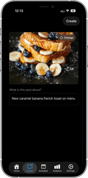 Pulse create screen with photo upload and description field
